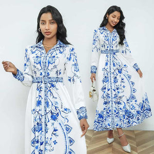 Vintage Long Sleeve Dress with Stand Collar - Retro Print Design, Real Shot