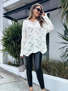 Women's Lace Stitching Mid-length White Sweater