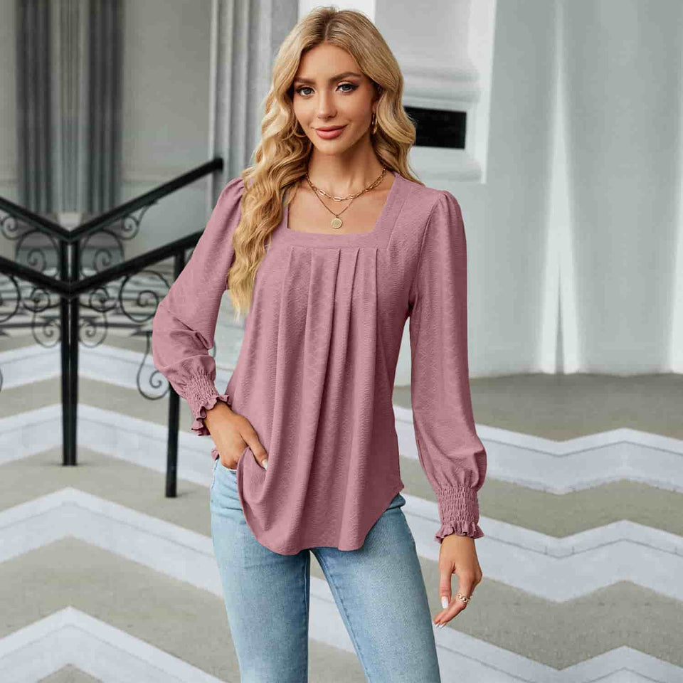 Elegant Women's T-Shirt - Jacquard Pleated, Square Collar, Long Sleeve, Solid Color