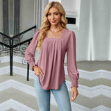 Elegant Women's T-Shirt - Jacquard Pleated, Square Collar, Long Sleeve, Solid Color