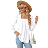 Elegant Women's T-Shirt - Jacquard Pleated, Square Collar, Long Sleeve, Solid Color