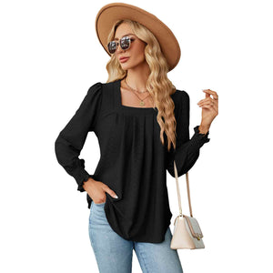 Elegant Women's T-Shirt - Jacquard Pleated, Square Collar, Long Sleeve, Solid Color