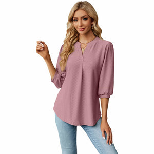 Elegant Loose-Fitting T-Shirt - Solid Color with Jacquard Texture and Lace Collar