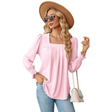 Elegant Women's T-Shirt - Jacquard Pleated, Square Collar, Long Sleeve, Solid Color