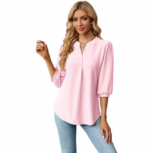 Elegant Loose-Fitting T-Shirt - Solid Color with Jacquard Texture and Lace Collar