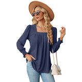 Elegant Women's T-Shirt - Jacquard Pleated, Square Collar, Long Sleeve, Solid Color