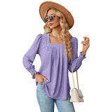 Elegant Women's T-Shirt - Jacquard Pleated, Square Collar, Long Sleeve, Solid Color