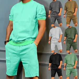 Casual Men's Sportswear Set - Short-Sleeved Round Neck Top & Multi-Pocket Shorts