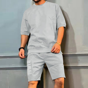 Casual Men's Sportswear Set - Short-Sleeved Round Neck Top & Multi-Pocket Shorts